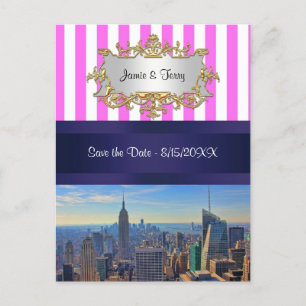 NYC Skyline B2 Roze Witte Stripe sparen de Datum Aankondigingskaart