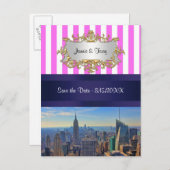 NYC Skyline B2 Roze Witte Stripe sparen de Datum Aankondigingskaart (Voorkant / Achterkant)