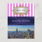 NYC Skyline B2 Roze Witte Stripe sparen de Datum Aankondigingskaart (Voorkant)