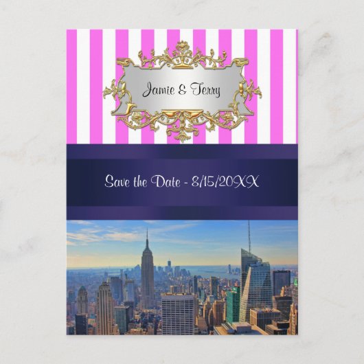 NYC Skyline B2 Roze Witte Stripe sparen de Datum Aankondigingskaart (Voorkant)