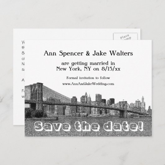 NYC Skyline Bklyn Bridge Etched Bewaar de datum #2 Aankondigingskaart (Voorkant / Achterkant)