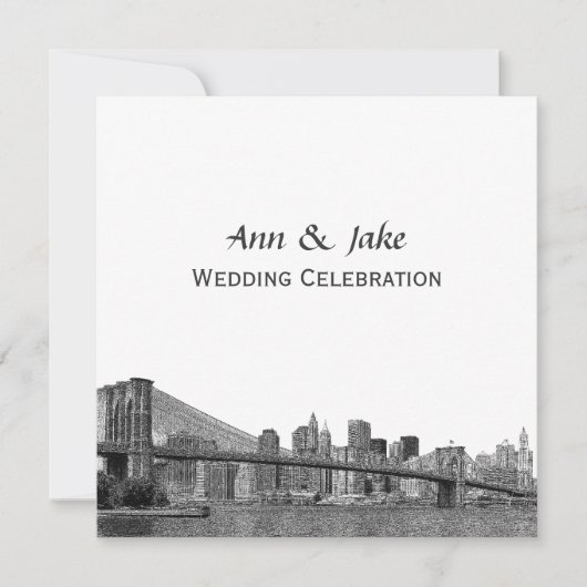 NYC Skyline Bklyn Bridge geëtst #2SQ bruiloft Kaart (Voorkant)