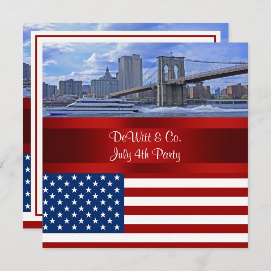 NYC Skyline Bklyn Bridge USA Flag Red W Blue Party Kaart (Voorkant / Achterkant)