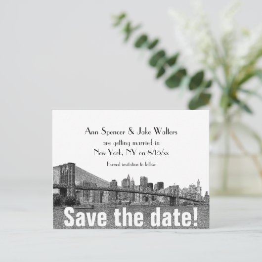 NYC Skyline Blyn Bridge Ets De datum opslaan Aankondigingskaart (Staand voorkant)