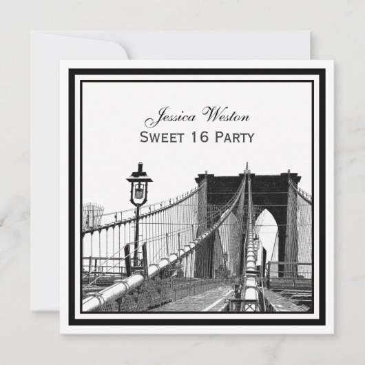 NYC Skyline Brooklyn Bridge #2 SQ Sweet 16 Party Kaart (Voorkant)