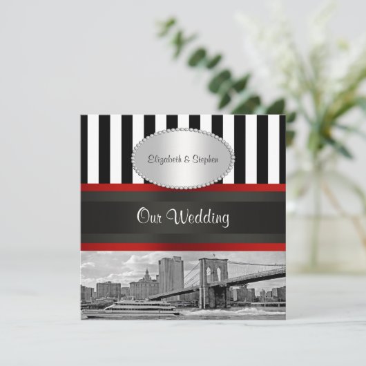 NYC Skyline Brooklyn Bridge Blk White P2 Wedding Kaart (Staand voorkant)