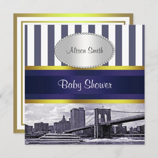 NYC Skyline Brooklyn Bridge Blue White Baby shower Kaart (Voorkant / Achterkant)