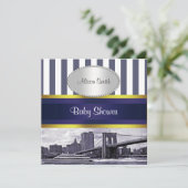 NYC Skyline Brooklyn Bridge Blue White Baby shower Kaart (Staand voorkant)