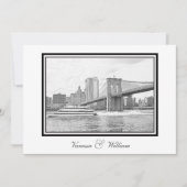 NYC Skyline Brooklyn Bridge Boat BW Etch Bruiloft Kaart (Voorkant)
