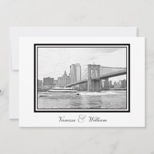 NYC Skyline Brooklyn Bridge Boat BW Etch Bruiloft Kaart (Voorkant)