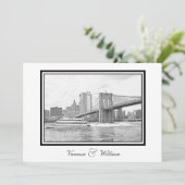 NYC Skyline Brooklyn Bridge Boat BW Etch Bruiloft Kaart (Staand voorkant)