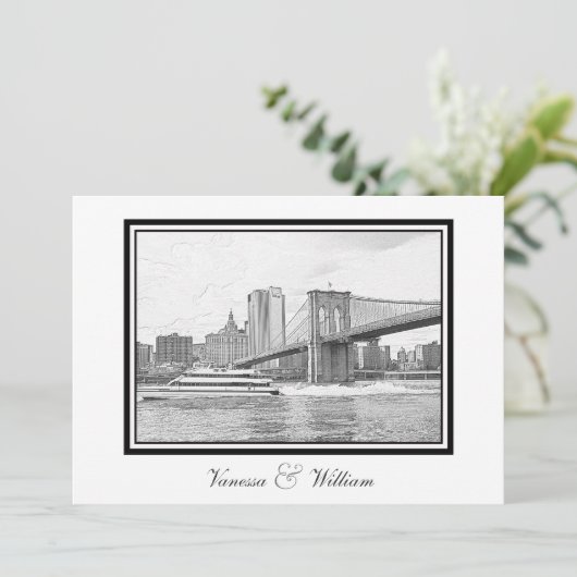 NYC Skyline Brooklyn Bridge Boat BW Etch Bruiloft Kaart (Staand voorkant)
