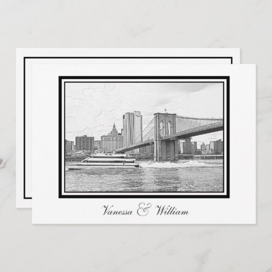 NYC Skyline Brooklyn Bridge Boat BW Etch Bruiloft Kaart (Voorkant / Achterkant)