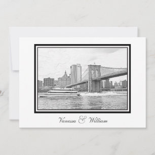 NYC Skyline Brooklyn Bridge Boat BW Etch Bruiloft Kaart