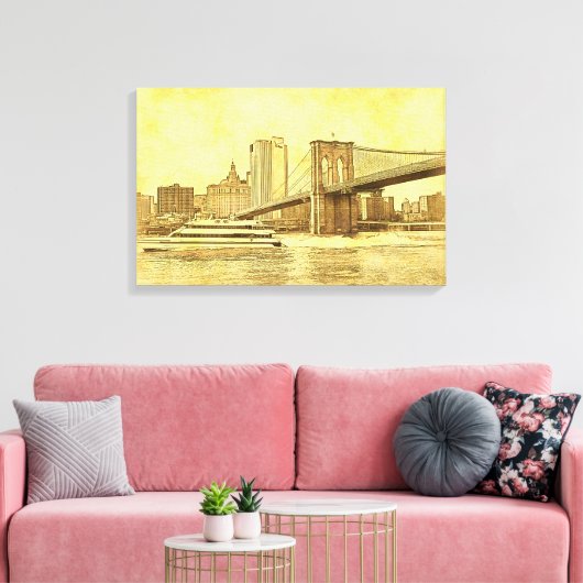 NYC Skyline Brooklyn Bridge Boat Etched Kijk #1BR Canvas Afdruk (Insitu (Woonkamer))