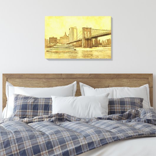 NYC Skyline Brooklyn Bridge Boat Etched Kijk #1BR Canvas Afdruk (Insitu (Slaapkamer))
