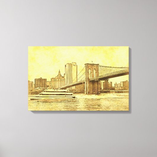 NYC Skyline Brooklyn Bridge Boat Etched Kijk #1BR Canvas Afdruk (Voorkant)
