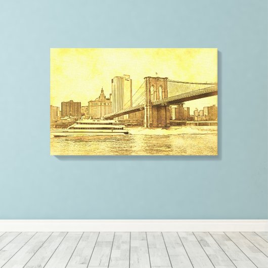NYC Skyline Brooklyn Bridge Boat Etched Kijk #1BR Canvas Afdruk (Insitu (Houten vloer))