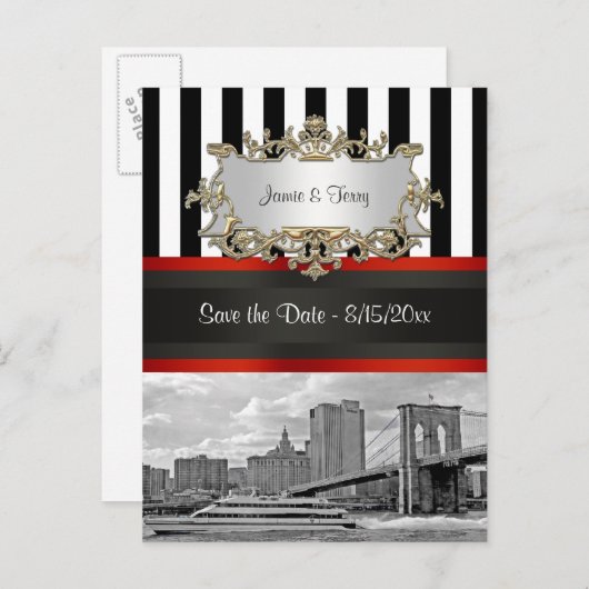 NYC Skyline Brooklyn Bridge, Boat Save the Date Aankondigingskaart (Voorkant / Achterkant)