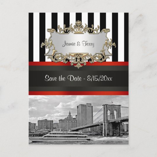 NYC Skyline Brooklyn Bridge, Boat Save the Date Aankondigingskaart (Voorkant)