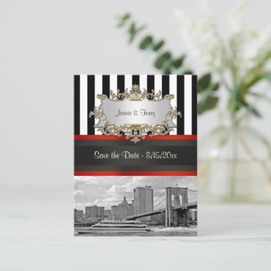 NYC Skyline Brooklyn Bridge, Boat Save the Date Aankondigingskaart (Staand voorkant)