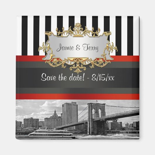 NYC Skyline Brooklyn Bridge, Boat Save the Date Magneet (Voorkant)