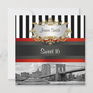 NYC Skyline Brooklyn Bridge, Boat Sweet 16 Invite Kaart