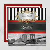 NYC Skyline Brooklyn Bridge, Boat Sweet 16 Uitnodi Kaart (Voorkant / Achterkant)