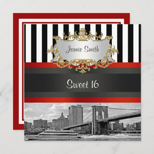 NYC Skyline Brooklyn Bridge, Boat Sweet 16 Uitnodi Kaart (Voorkant / Achterkant)