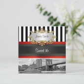 NYC Skyline Brooklyn Bridge, Boat Sweet 16 Uitnodi Kaart (Staand voorkant)