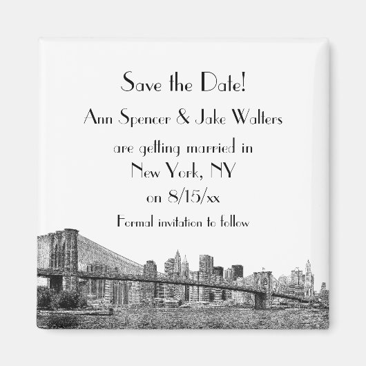 NYC Skyline Brooklyn Bridge Etched Save the Date Magneet (Voorkant)