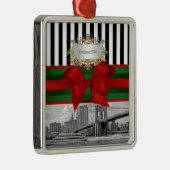 NYC Skyline Brooklyn Bridge Xmas Blk Wht Strp #2 Metalen Ornament (Rechts)