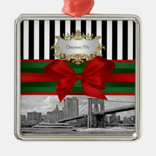 NYC Skyline Brooklyn Bridge Xmas Blk Wht Strp #2 Metalen Ornament