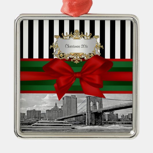 NYC Skyline Brooklyn Bridge Xmas Blk Wht Strp #2 Metalen Ornament (Voorkant)