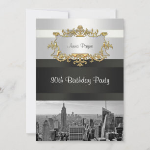 NYC Skyline BW 05 White, Black Birthday Invite Kaart