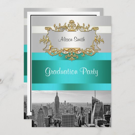 NYC Skyline BW 05 White Blauwgroen Afstuderen nodi Kaart (Voorkant / Achterkant)