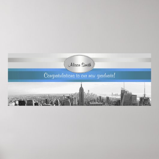 NYC Skyline BW 05 White Blue 2 Party Banner Poster (Voorkant)