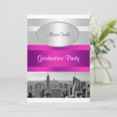 NYC Skyline BW 05 White Hot Pink Afstuderen nodigt Kaart (Staand voorkant)