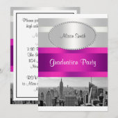 NYC Skyline BW 05 White Hot Pink Afstuderen nodigt Kaart (Voorkant / Achterkant)