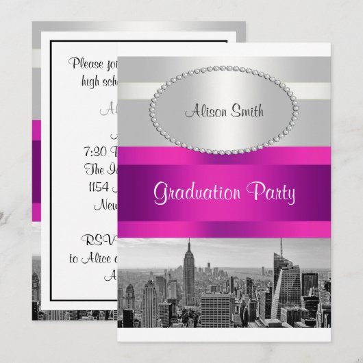NYC Skyline BW 05 White Hot Pink Afstuderen nodigt Kaart (Voorkant / Achterkant)