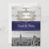 NYC Skyline BW 05 White Navy 2 Sweet 16 Uitnodigen Kaart (Voorkant)