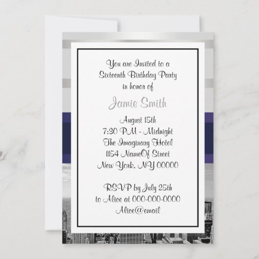 NYC Skyline BW 05 White Navy 2 Sweet 16 Uitnodigen Kaart (Achterkant)