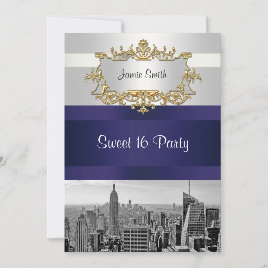 NYC Skyline BW 05 White Navy Blue Sweet 16 Invite Kaart (Voorkant)