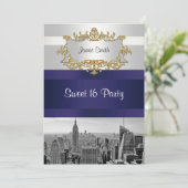 NYC Skyline BW 05 White Navy Blue Sweet 16 Invite Kaart (Staand voorkant)