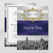 NYC Skyline BW 05 White Navy Blue Sweet 16 Invite Kaart (Voorkant / Achterkant)
