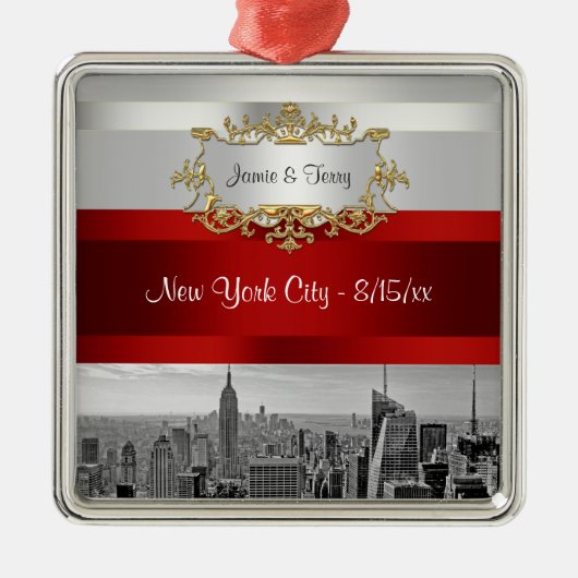NYC Skyline BW 05 White Red Invite Suite Metalen Ornament (Voorkant)