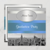 NYC Skyline BW 05 Wit Blauw 2 Afstuderen Invite Kaart (Voorkant / Achterkant)