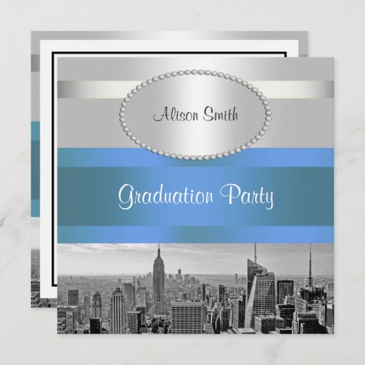 NYC Skyline BW 05 Wit Blauw 2 Afstuderen Invite Kaart (Voorkant / Achterkant)