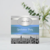 NYC Skyline BW 05 Wit Blauw 2 Afstuderen Invite Kaart (Staand voorkant)