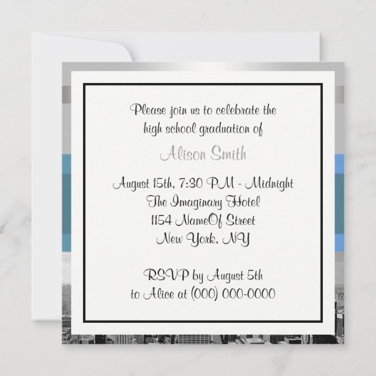 NYC Skyline BW 05 Wit Blauw 2 Afstuderen Invite Kaart (Achterkant)